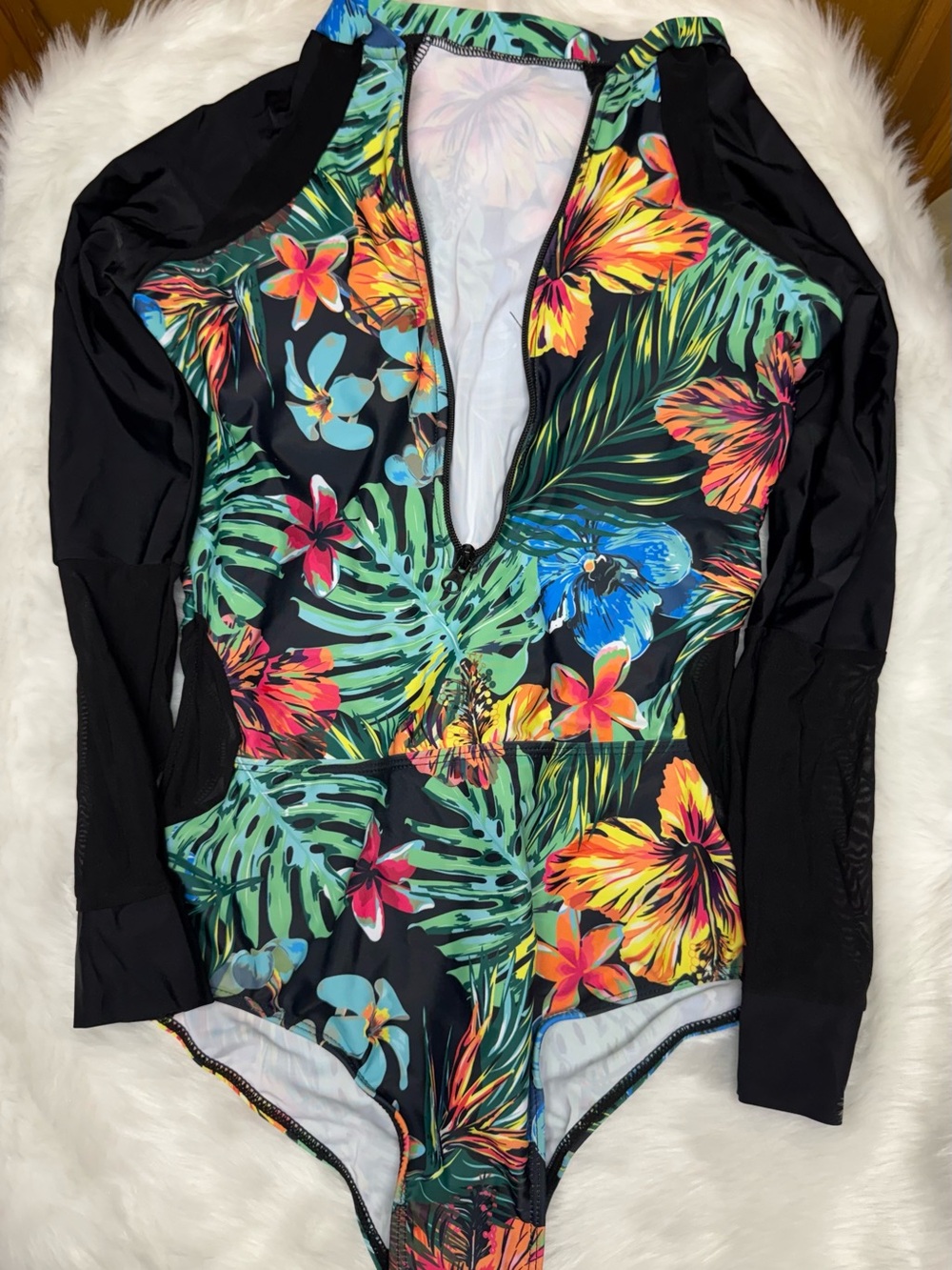 SHEIN Black Tropical Floral Zip-Front Long Sleeve One-Piece Swimsuit L NWOT